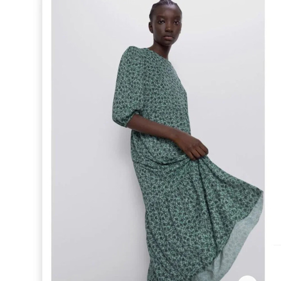 Zara Tiered Floral Midi Dress  Green Black Size Small - Picture 3 of 8